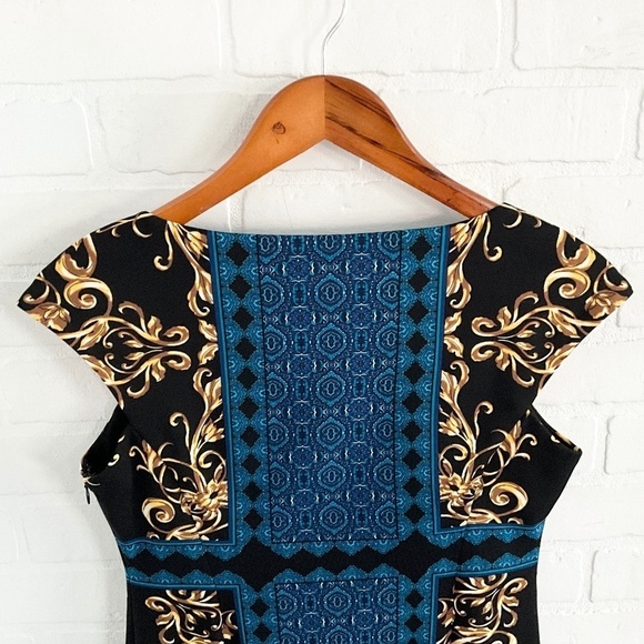 Maggie London Mini dress Paisly Scarf print Stretch Blue Gold Black Sz 6 Petite - Picture 15 of 15